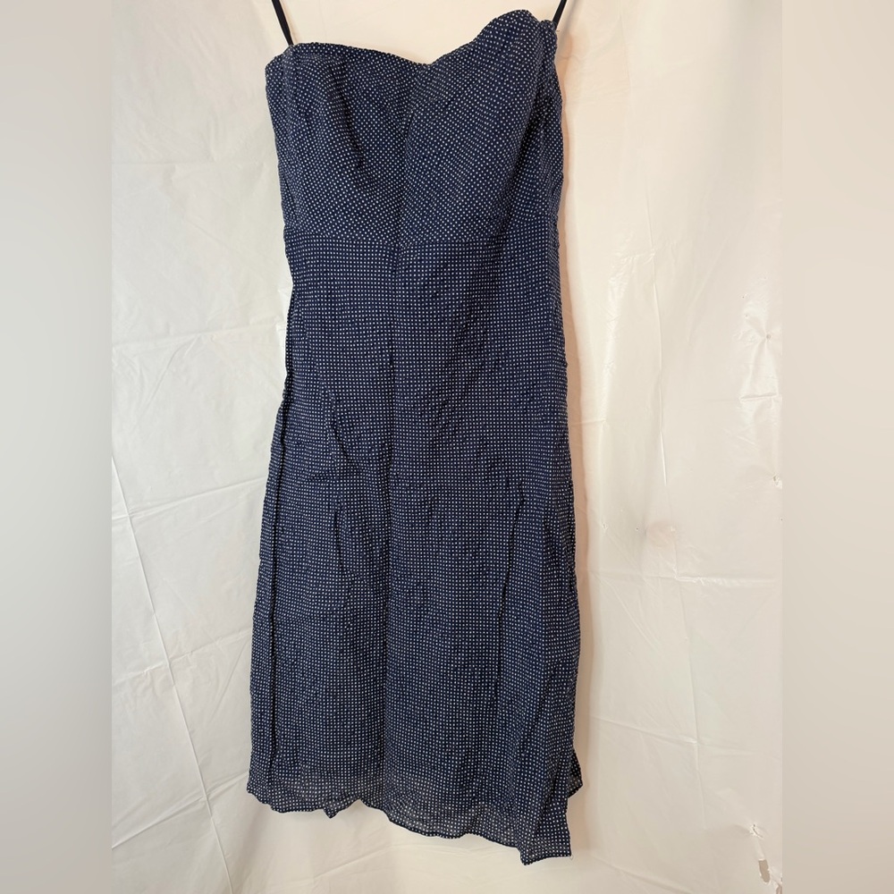 J. Crew Strapless Navy and White Polka Dot Midi Dress